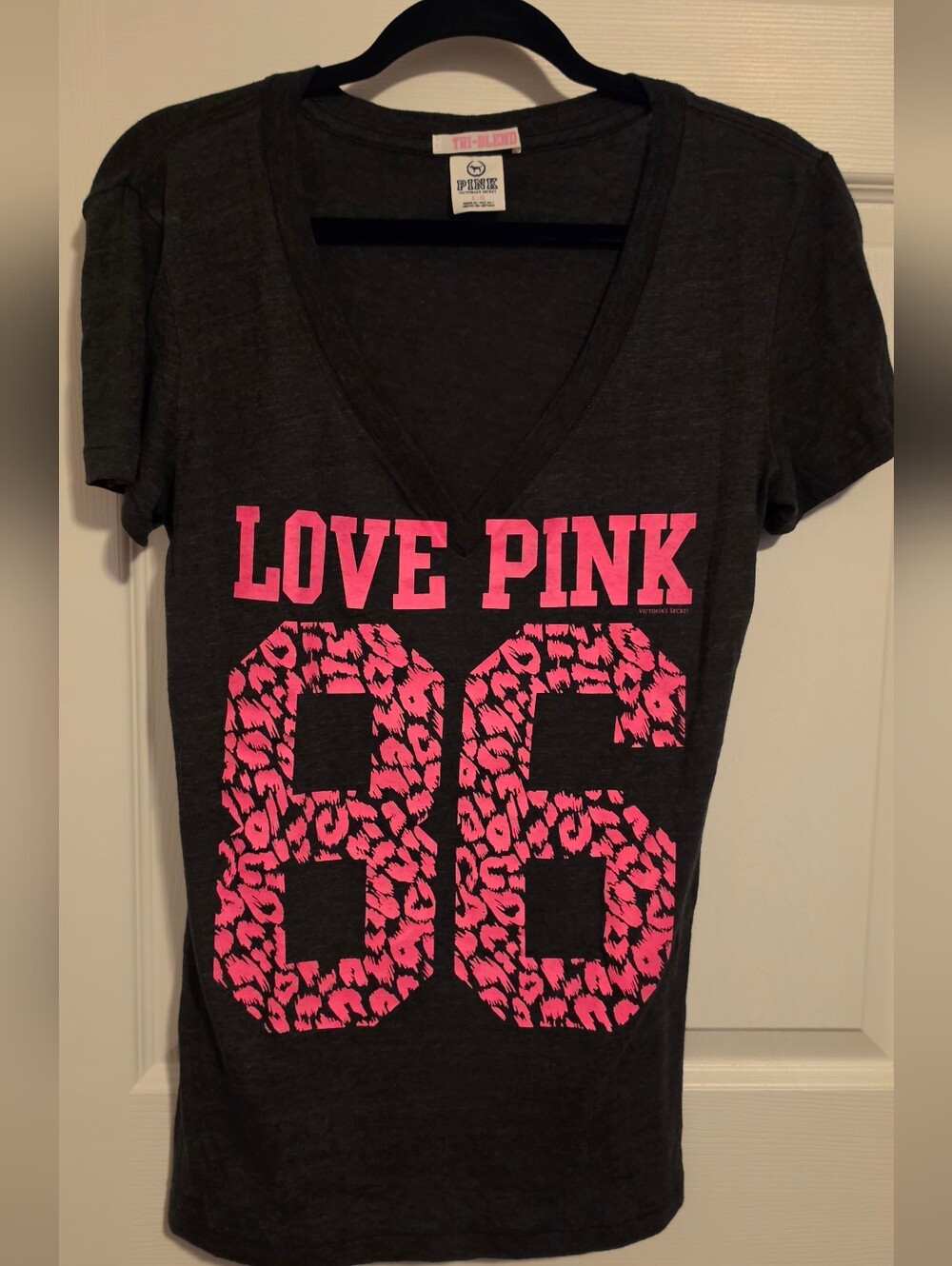 Vintage PINK Victoria's Secret Tshirt Charcoal w/Hot Pink Animal Print Logo Sz L